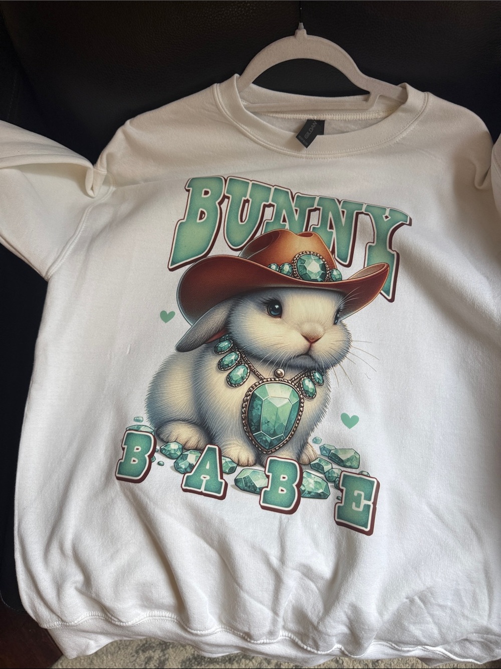 Gildan White Sweatshirt with Bunny Babe Gem Graphic